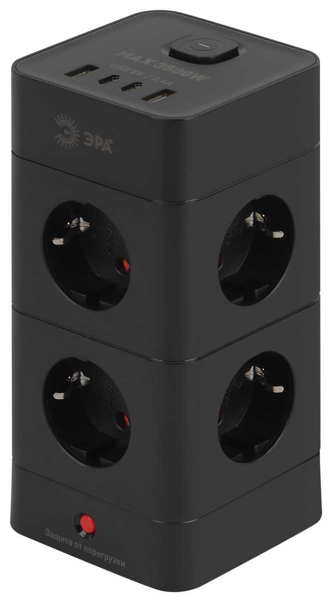 фото сетевой фильтр эра twr-8es-1,5m-4usb-b башня с защитой заземлением с выключателем 8 розеток+4xusba+c 1,5м 16а черный б0069072 | 220svet.ru
